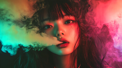 Neon Dream Girl Blowing Smoke in Colorful Atmosphere