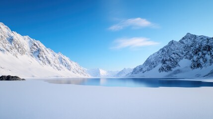 Snowy mountain landscape with a serene lake under a blue sky.