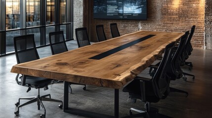 Large live-edge wood conference table in modern office. (1)