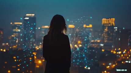 Fototapeta premium Abstract businesswoman stands on the peak of success Smart digital city with connection cyber security network reciprocity over the cityscape future wireless digital city and social media networking