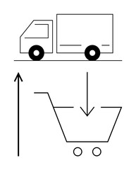 Truck and shopping cart in a minimalist style. Ideal for delivery, logistics, online shopping, transportation, e-commerce, efficiency, innovation. Line metaphor