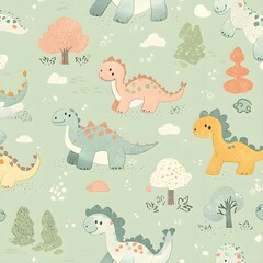 Cute Dinosaur Pattern: Playful Pastel Prehistoric Scene with Trees, Clouds, and Cheerful Animals