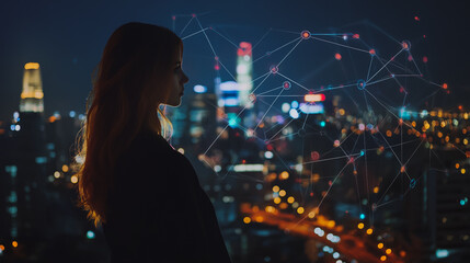 Abstract businesswoman stands on the peak of success Smart digital city with connection cyber security network reciprocity over the cityscape future wireless digital city and social media networking