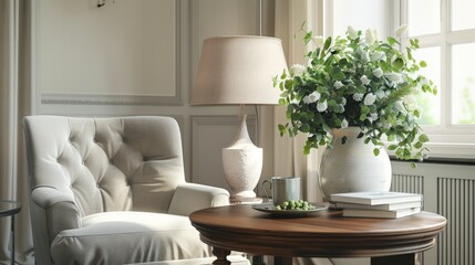 Elegant Living Room with Round Table, Gray Armchair, and Natural Accents