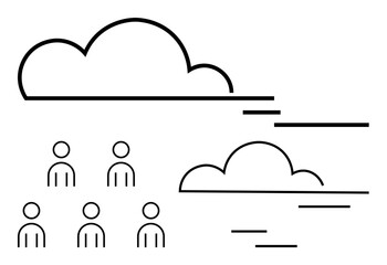 Abstract line drawing of six people beneath two clouds with dynamic lines. Ideal for teamwork, collaboration, cloud computing, connectivity, communication, networking, unity. Line metaphor