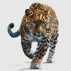 Obraz premium Leopard Hunting Majestic Wildlife Painting of Leopard Walking on White Background Capturing Natural Beauty and Graceful Movement in Creative Artistic Style for Home and Office Decor