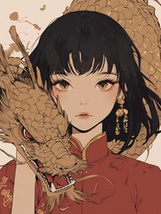 A girl in a red and gold Chinese-style dress, with short black hair and bangs, holding the head of a white snake-dragon.