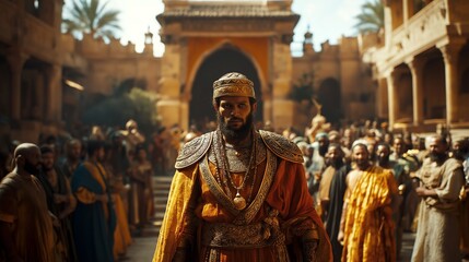 Solomon is Anointed as King with a Grand Ceremony and Regal Attire set in a Magnificent Palace, Biblical Old Testament Depiction