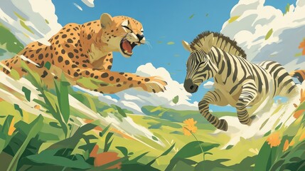 A cheetah chases a zebra through a vibrant landscape, showcasing the thrill of nature.