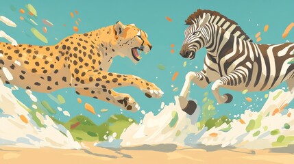 A cheetah chases a zebra through splashing water in a vibrant, dynamic scene.