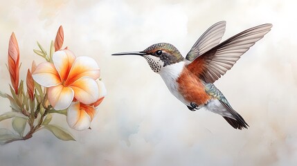 Naklejka premium Serene atmosphere hummingbird feeding on tropical flowers in an exotic garden close-up