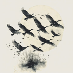 Obraz premium Migratory Patterns Captured in Stunning Detail Flock of Birds Soaring Through Clear Blue Sky Symbolizing Freedom Nature and Seasonal Change Perfect for Wildlife and Nature Photography