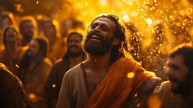 The Day of Pentecost: The Holy Spirit Descends Upon Jesus's Disciples with Tongues of Fire, Biblical New Testament Depiction, Copy Space