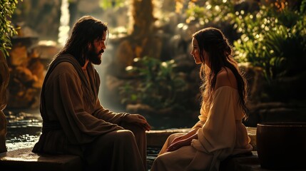 Jesus Speaks to the Samaritan Woman at the Well, Biblical New Testament Depiction