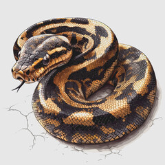 Obraz premium Python Snake with Black and Yellow Stripes in Natural Habitat Captured in High-Resolution Photography Showcasing Detail Composition Lighting and Perspective for Wildlife Enthusiasts