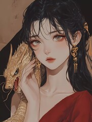 A girl in a red and gold Chinese-style dress, with short black hair and bangs, holding the head of a white snake-dragon.