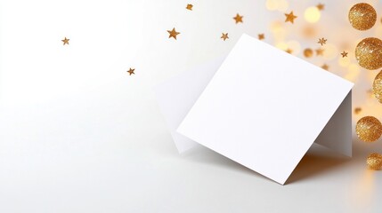 Blank greeting cards with festive decorations and sparkles.