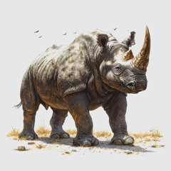 Fototapeta premium Rhino Charge Majestic Rhino Standing in the Sand Desert Landscape Wildlife Nature Conservation Safari Animal Behavior Powerful Sturdy Presence Natural Habitat Endangered Species Wildlife Photo