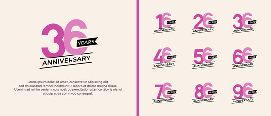 set of anniversary logo flat purple color with black ribbon for celebration moment