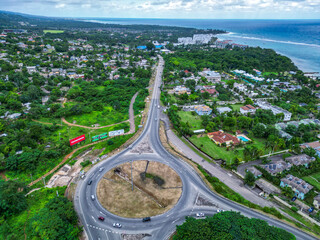 Aerial North South Highway toll road roundabout Mammee Ocho Rios St Ann North Coast from Kingston St Catherine Jamaica