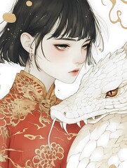 A girl in a red and gold Chinese-style dress, with short black hair and bangs, holding the head of a white snake-dragon.