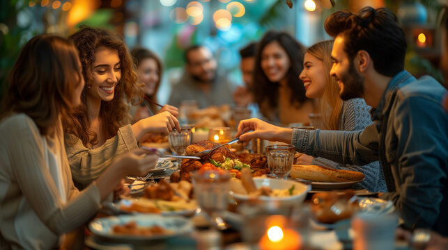 A Joyous Gathering of Friends Enjoying a Delicious Meal Together in a Warm Setting