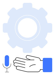 Hand gesturing toward a microphone in front of a large gear sign. Ideal for technology, automation, voice control, innovation, digital assistants, user interaction, artificial intelligence. Line