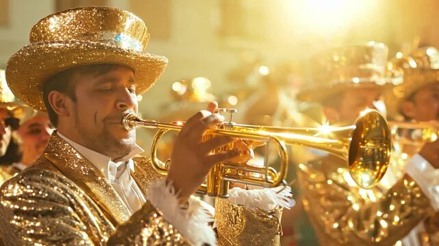 This Musicians in golden costumes play joyful tunes on trumpet and drums at a lively carnival.
