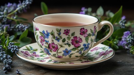 a teacup and saucer with a floral design