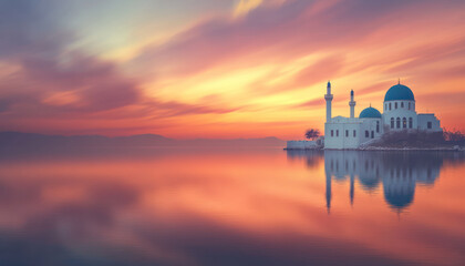 Blue-domed buildings by a tranquil sea at sunset 2. Generative AI