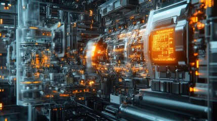 Fototapeta premium An image focusing on the complex interior of a connected industrial machine with glowing LED indicators and various IoT modules showcasing realtime data processing through seamless
