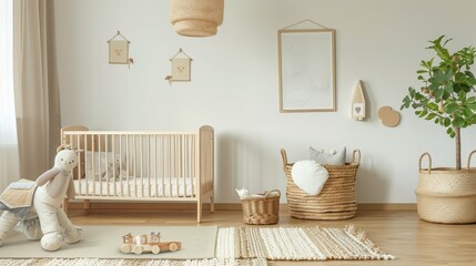 Scandinavian-Style Child's Room with Wooden Bed, Rattan Basket, and Minimalist Wall Decor