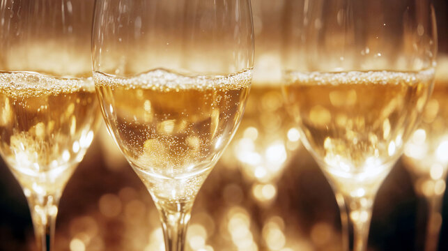 Closeup of Fancy Sparkling Champagne, Glasses Ready for Festive Celebration, Perfect for Elegant Gathering Event or New Year

