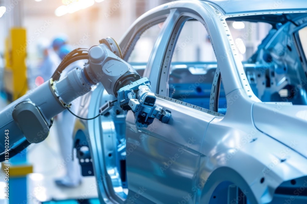 Poster advanced robotic arm in modern automotive manufacturing process, assembling car body panels in high-