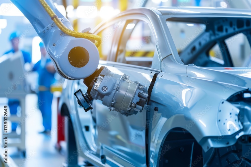 Poster advanced robotic arm performing precision assembly on a silver vehicle in a modern automotive produc