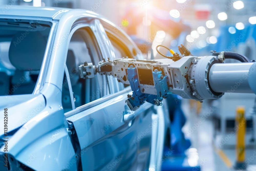 Poster advanced robotic arm in automotive manufacturing plant assembling modern vehicle with precision and 