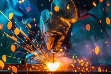 A Skilled Welder in Action Sparks Fly from the Welding Torch Creating a Stunning Display of Light and Color in a Workshop Environment