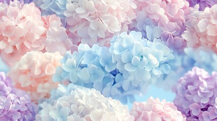 Obraz premium A luxurious cluster of pastel hydrangeas and lilacs, featuring soft lavender, powder blue, and blush tones, arranged seamlessly on a smooth sky blue canvas, hd quality,