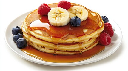 A stack of golden-brown banana pancakes drizzled with maple syrup and topped with banana slices and berries