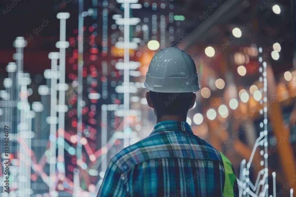 Aufkleber engineer analyzing data trends with digital interface and construction backdrop, highlighting the sy