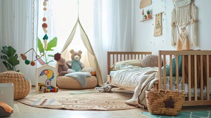 Cozy Child's Room with Wooden Bed, Rattan Toy Basket, and Soft Carpet