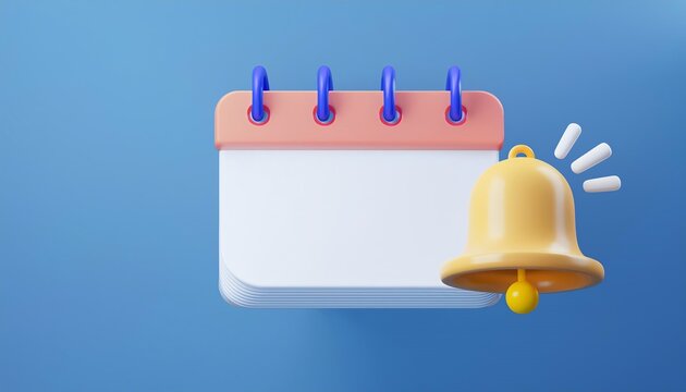 A colorful calendar with a notification bell, symbolizing reminders and scheduling events on a blue background.