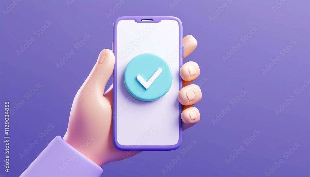 Poster a hand holds a smartphone displaying a large checkmark symbol against a purple background, symbolizi