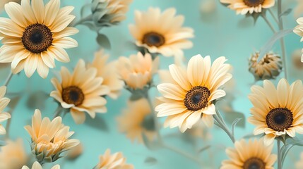 Obraz premium A soft, dreamy composition of sunflowers with glowing golden petals and deep brown centers, set against a pastel mint green background, hd quality, serene and elegant floral concept. --ar 16:9 --tile