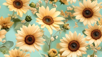 A soft, dreamy composition of sunflowers with glowing golden petals and deep brown centers, set against a pastel mint green background, hd quality, serene and elegant floral concept. --ar 16:9 --tile