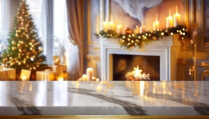 Obraz premium A cozy holiday setting featuring a decorated Christmas tree, a glowing fireplace, and warm candlelight, evoking a festive atmosphere.