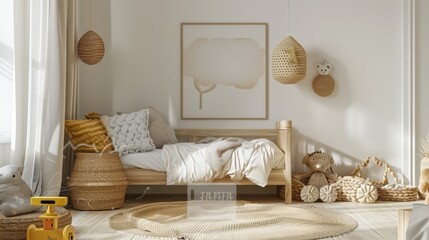 Cozy Child's Room with Wooden Bed, Rattan Toy Basket, and Soft Carpet