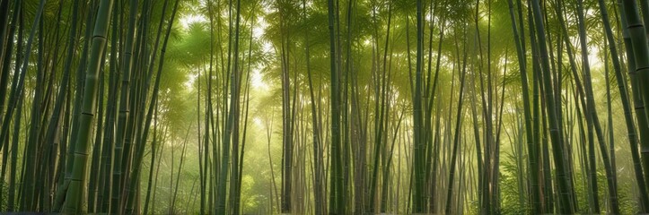 Obraz premium Bamboo grove in Pista green color palette, sunlight filtering through the canopy with a warm glow, natural light, bamboo grove, bamboo