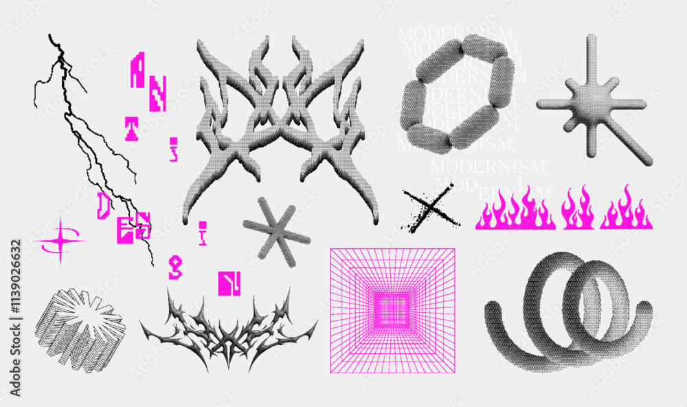 Leinwandbilder pixel art, retro shapes and 3d elements, aesthetics bitmap and y2k. halftone shapes, pixel art, coll