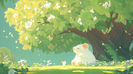 A serene scene featuring a bear and a small creature under a lush tree, evoking tranquility.